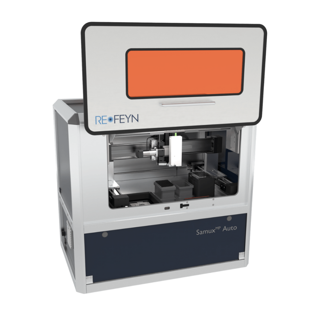 An open SamuxMP Auto mass photometer, showing the liquid-handling robot that loads AAV samples