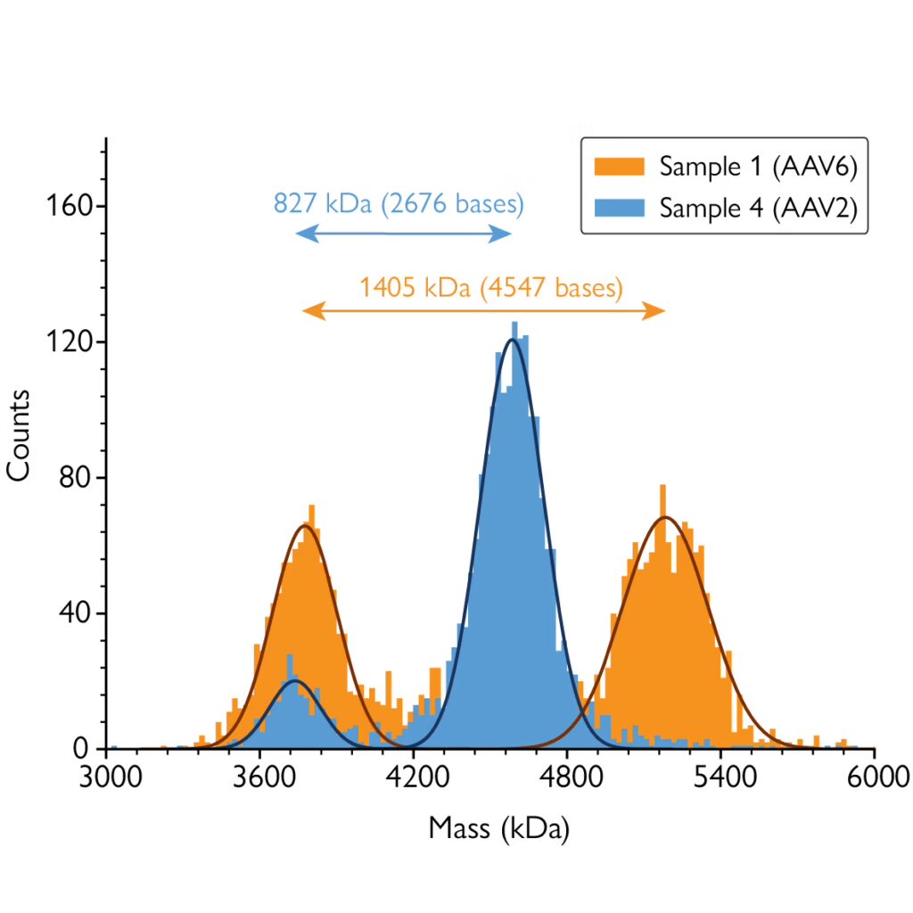 Mass photometry histograms of two AAV samples showing empty and full populations and the mass difference between them