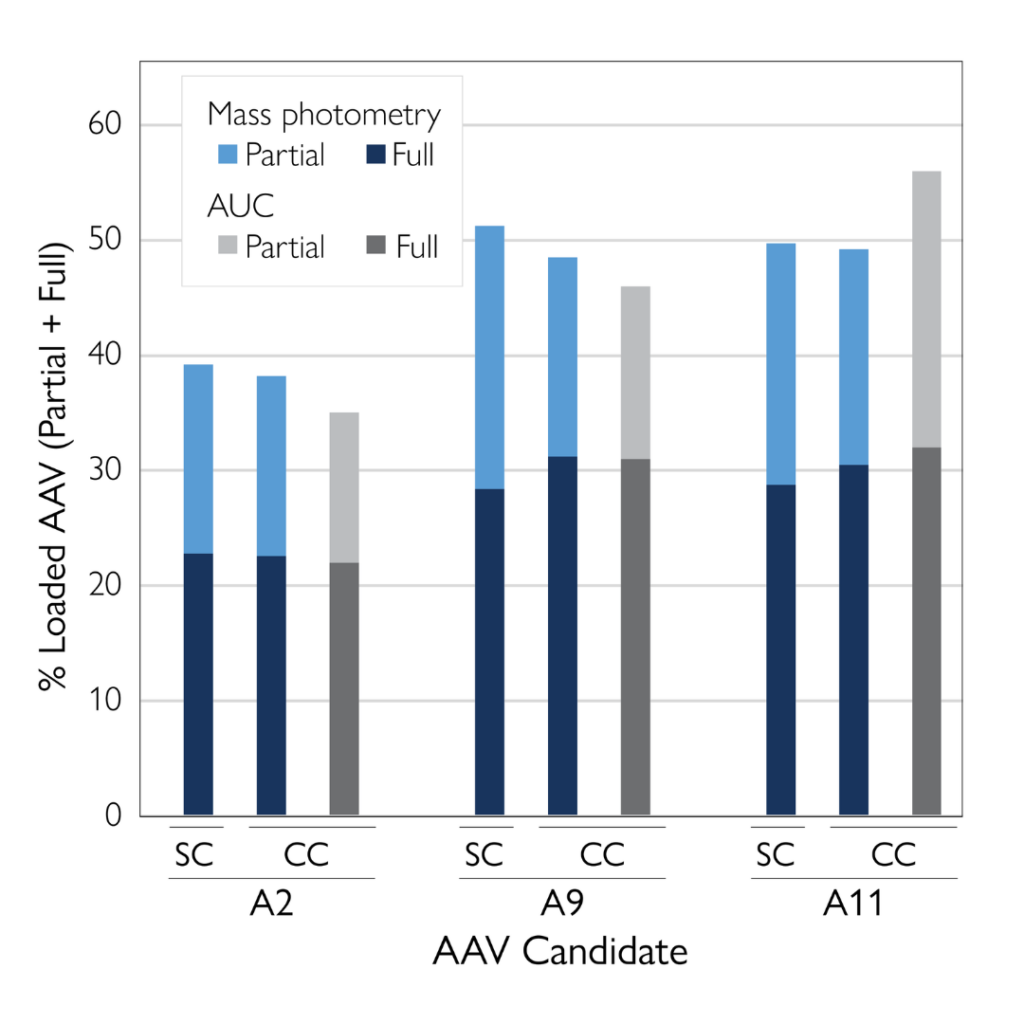 : Bar chart showing comparability of capsid fill analysis of upstream AAV samples measured by mass photometry and ELISA.