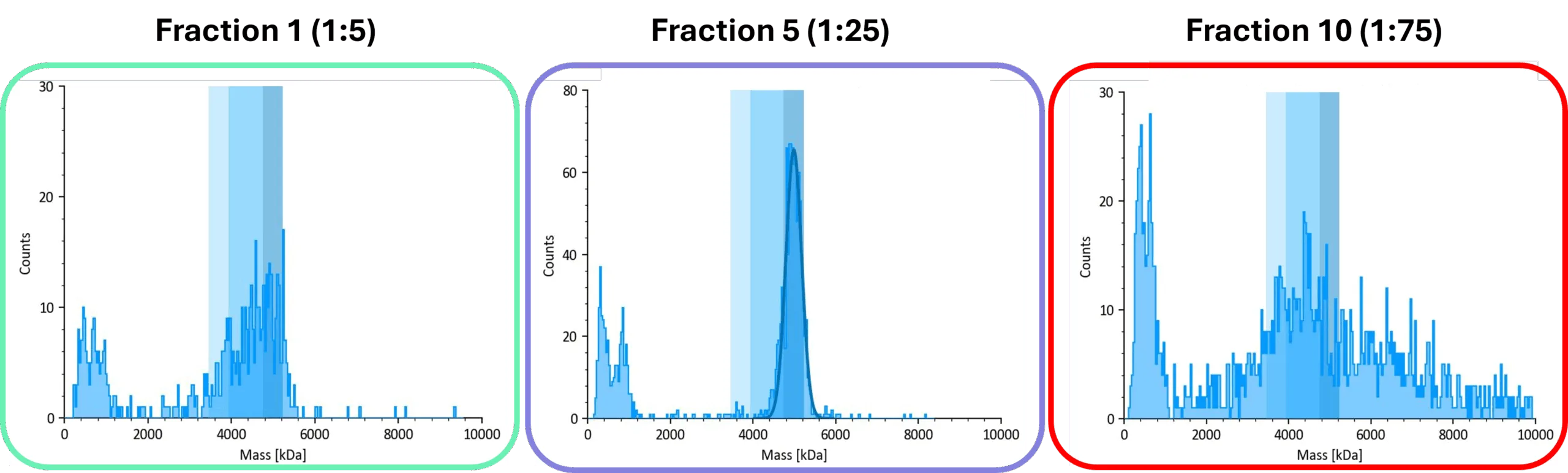 Representative mass photometry data from the three regions of the iodixanol gradient.