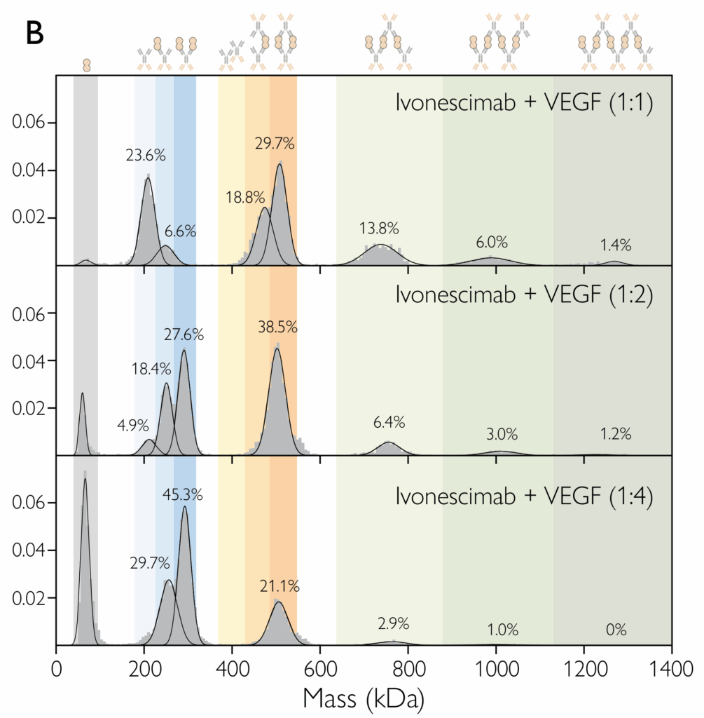 Mass photometry measurements showing complexes formed by ivonescimab when mixed with VEGF in different proportions.
