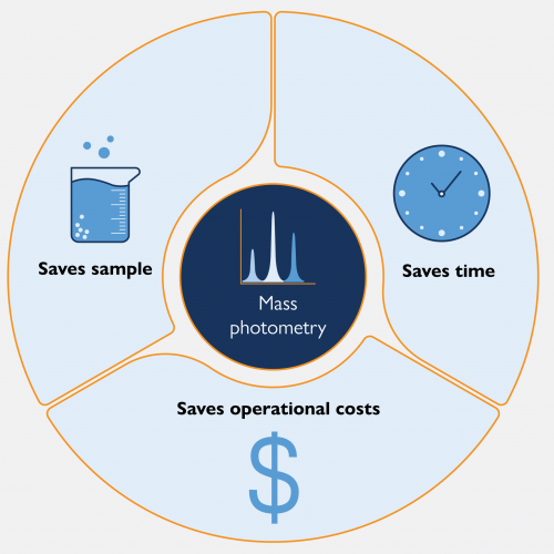 An illustration of the benefits of mass photometry in terms of time, sample and operational costs. An illustration of the benefits of mass photometry in terms of time, sample and operational costs.